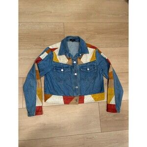 FATE Women's Blue Patchwork Suede Denim Jacket Size S Southwestern